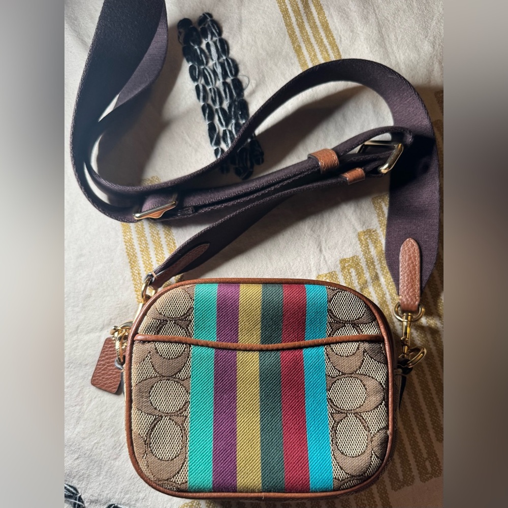 Coach Brown Mini Dempsey Camera Bag With Multicolor Stripe Detail - Picture 3 of 6